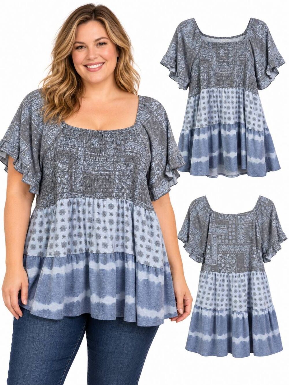 Cato 14/16W Blue Paisley Smocked Tiered Flutter Sleeve Top